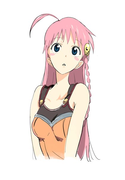 Anime picture 1468x2103 with top wo nerae 2! diebuster gainax nono (top wo nerae 2!) magomago single long hair tall image blush open mouth blue eyes simple background white background bare shoulders pink hair ahoge braid (braids) single braid looking up + + girl