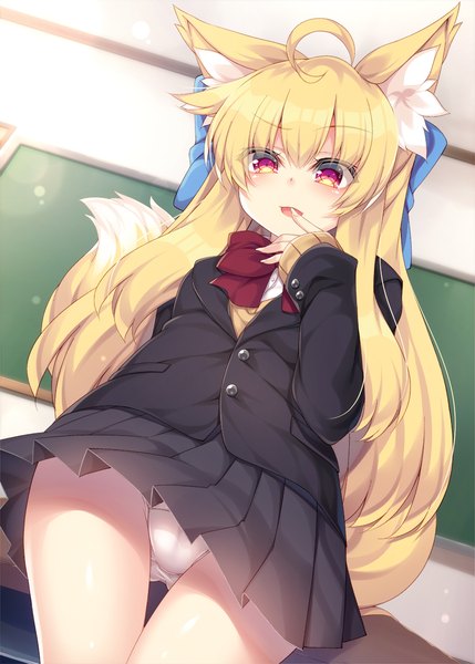 Anime picture 900x1259 with original roshin single long hair tall image looking at viewer fringe open mouth light erotic blonde hair hair between eyes red eyes standing animal ears ahoge tail animal tail pleated skirt blurry from below