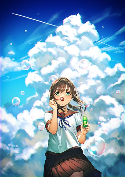 Anime picture 707x1000 with kantai collection fubuki destroyer unowen single tall image blush fringe short hair open mouth brown hair holding green eyes sky pleated skirt short sleeves remodel (kantai collection) condensation trail bubble blowing girl skirt