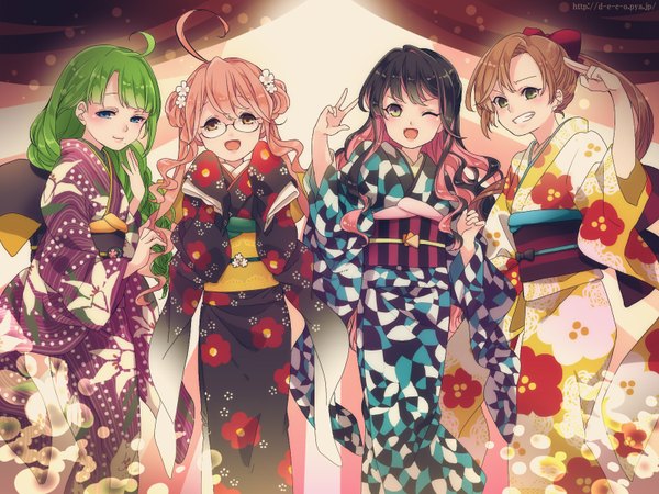 Anime picture 1600x1200 with kantai collection yuugumo destroyer naganami destroyer makigumo destroyer akigumo destroyer deco (geigeki honey) long hair looking at viewer blush short hair open mouth black hair brown hair twintails multiple girls green eyes pink hair ahoge ponytail traditional clothes