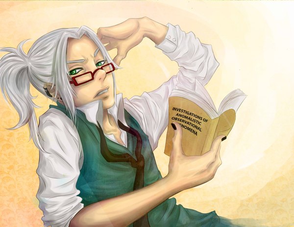 Anime picture 4400x3400 with katekyou hitman reborn gokudera hayato tagme (artist) single highres simple background green eyes absurdres white hair tail nail polish boy earrings shirt glasses necktie book (books) vest