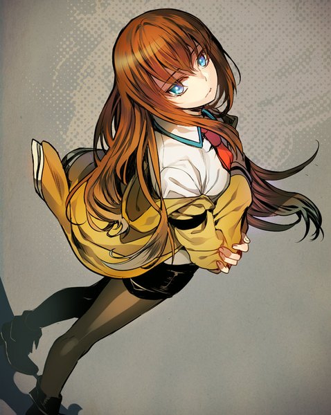 Anime picture 667x837 with steins;gate white fox makise kurisu tenkuu sphere single long hair tall image looking at viewer fringe blue eyes simple background brown hair from above grey background crossed arms girl pantyhose shorts boots