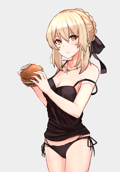 Anime picture 1587x2269 with fate (series) fate/grand order fate/stay night artoria pendragon (all) saber alter leatzche single tall image looking at viewer blush fringe short hair breasts light erotic simple background blonde hair hair between eyes standing yellow eyes cleavage