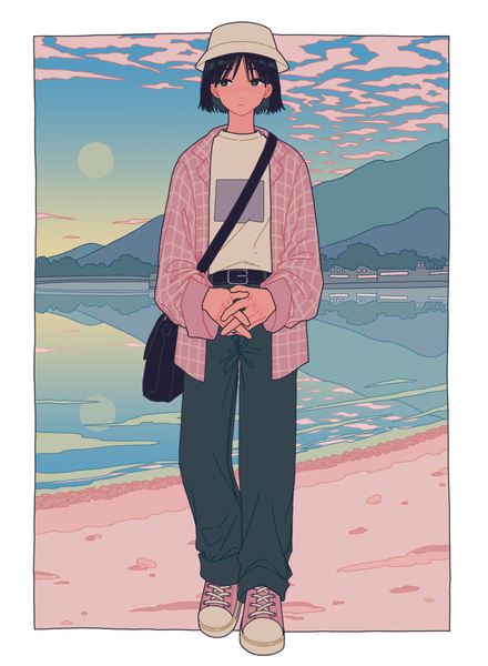 Anime picture 2787x3800 with original converse shi oo single tall image highres short hair black hair standing sky cloud (clouds) full body outdoors black eyes open shirt beach border reflection mountain outside border