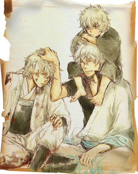Anime picture 950x1200 with gintama sunrise (studio) sakata gintoki shiroyasha acaco tall image short hair simple background sitting brown eyes white hair traditional clothes japanese clothes multiple boys hand on head sketch boy boots kimono blood