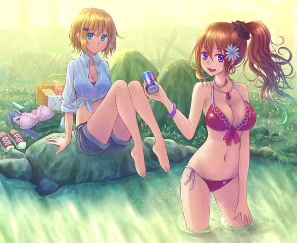 Anime picture 2800x2300 with original xia you qing suikakitsu shiro long hair highres short hair open mouth blue eyes light erotic blonde hair smile brown hair purple eyes multiple girls girl 2 girls swimsuit bikini water shorts