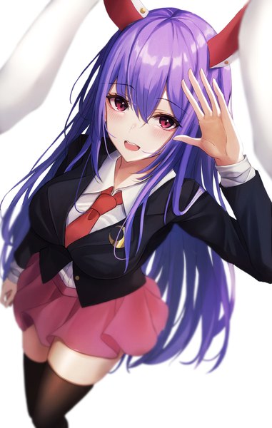 Anime picture 2004x3156 with touhou reisen udongein inaba .me single long hair tall image looking at viewer fringe highres open mouth simple background hair between eyes red eyes white background animal ears purple hair from above bunny ears girl thighhighs
