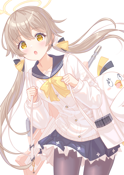 Anime picture 1500x2121 with blue archive hifumi (blue archive) peroro (blue archive) usamaru67pi single long hair tall image blush fringe simple background blonde hair hair between eyes white background twintails yellow eyes :o low twintails girl uniform weapon