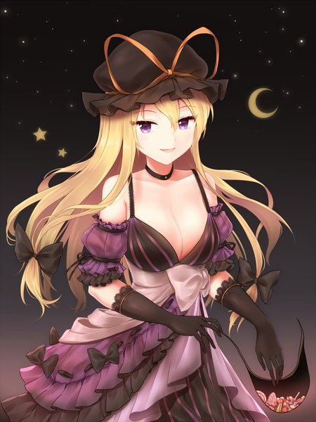 Anime picture 750x1000 with touhou yakumo yukari minust single long hair tall image looking at viewer fringe breasts open mouth light erotic blonde hair smile hair between eyes purple eyes bare shoulders sky cleavage night night sky