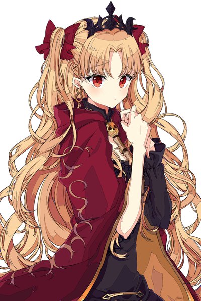 Anime picture 2436x3652 with fate (series) fate/grand order ereshkigal (fate) osanai single long hair tall image blush highres simple background blonde hair red eyes white background upper body two side up wavy hair girl bow hair bow earrings