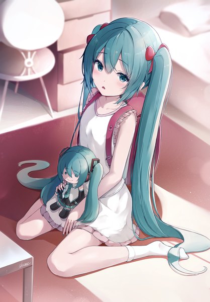 Anime picture 2848x4092 with vocaloid hatsune miku okome (okome 0627ha) single tall image looking at viewer blush fringe highres open mouth hair between eyes sitting twintails holding full body indoors very long hair aqua eyes aqua hair wariza