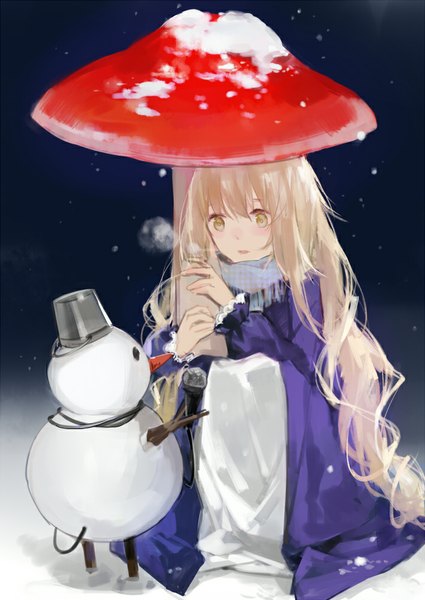 Anime picture 709x1000 with original cotta single long hair tall image blush open mouth blonde hair sitting holding yellow eyes light smile night snowing winter snow exhalation girl dress scarf