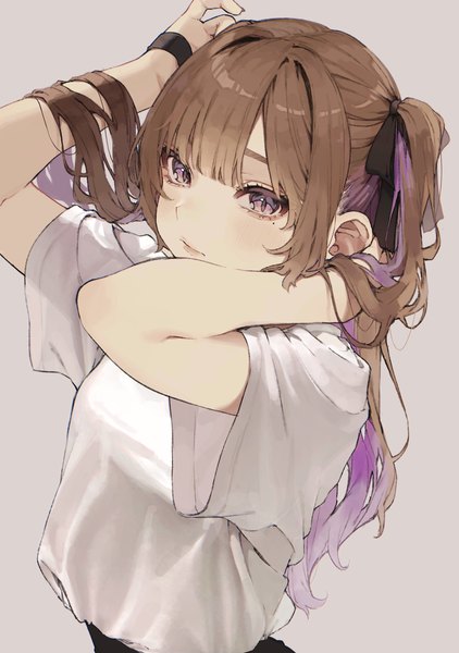 Anime picture 2400x3415 with original hamunezuko (nezukonezu32) single long hair tall image fringe highres simple background brown hair purple eyes upper body blunt bangs multicolored hair grey background mole two-tone hair two side up mole under eye colored inner hair girl