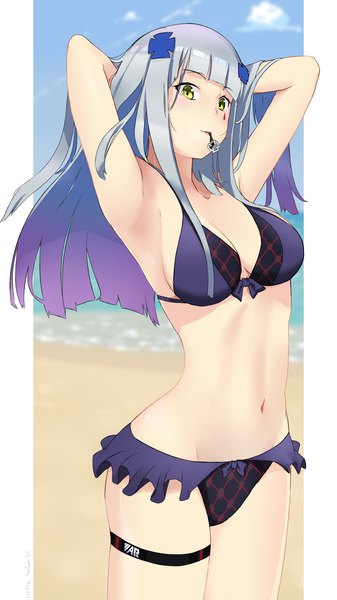 Anime picture 2480x4409 with girls frontline hk416 (girls frontline) alphaarietis single long hair tall image looking at viewer blush highres breasts light erotic standing holding green eyes sky cleavage silver hair purple hair cloud (clouds) outdoors