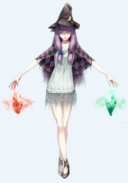 Anime picture 1400x2000 with touhou patchouli knowledge sousou (sousouworks) single long hair tall image blue eyes white background purple hair full body legs girl hat crystal