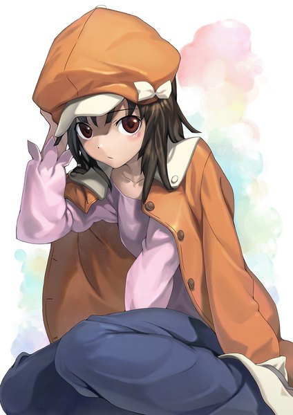 Anime picture 820x1160 with bakemonogatari shaft (studio) monogatari (series) sengoku nadeko ryuutetsu single tall image looking at viewer blush short hair simple background brown hair white background sitting brown eyes shaded face hand on head clothes on shoulders between thighs girl