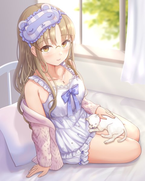 Anime-Bild 1600x2000 mit virtual youtuber nijisanji sister cleaire kirimoti34 single long hair tall image looking at viewer brown hair sitting brown eyes from above arm support girl animal glasses window pendant bed cat