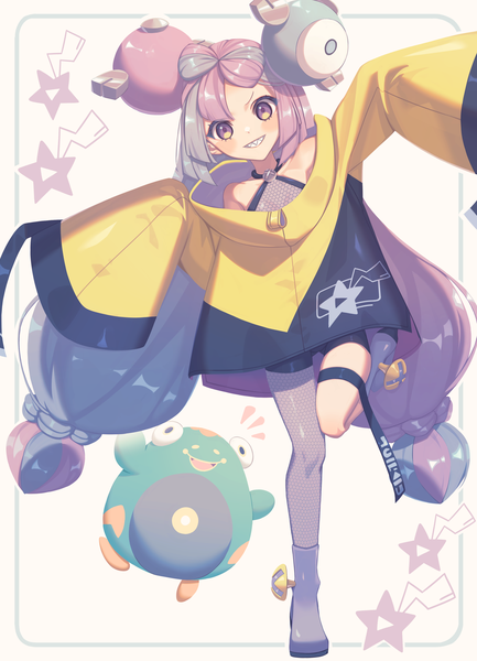 Anime picture 2600x3600 with pokemon pokemon (game) pokemon sv nintendo iono (pokemon) bellibolt miri (cherryjelly) single tall image looking at viewer highres smile standing pink hair long sleeves very long hair multicolored hair grey hair two-tone hair grin
