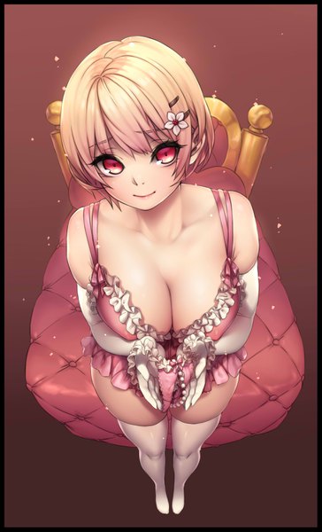 Anime picture 1850x3050 with original yin-ting tian single tall image looking at viewer fringe highres short hair breasts light erotic simple background blonde hair smile large breasts standing cleavage full body pink eyes from above no shoes