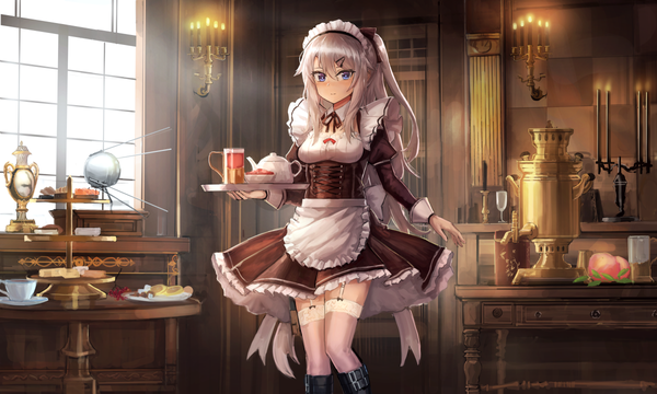 Anime picture 1200x720 with girls frontline 9a-91 (girls frontline) sputnik lithium10mg single looking at viewer blush fringe breasts blue eyes hair between eyes wide image standing holding payot silver hair bent knee (knees) indoors very long hair sunlight