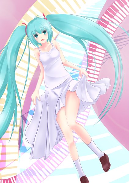 Anime picture 1764x2508 with vocaloid hatsune miku single tall image blush highres open mouth twintails very long hair aqua eyes aqua hair girl socks shoes white socks sundress