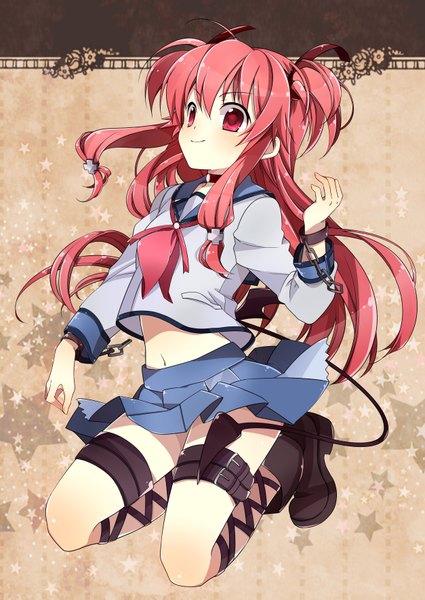 Anime picture 2507x3541 with angel beats! key (studio) yui (angel beats!) torotororirin long hair tall image highres smile red eyes red hair two side up jumping brown background wind lift girl navel star (symbol)