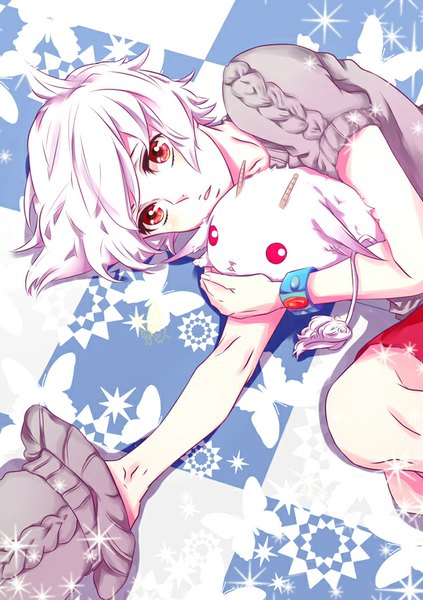 Anime picture 600x851 with karneval nai (karneval) fishchan single tall image looking at viewer short hair red eyes white hair lying from above checkered floor floor albino boy animal bracelet insect butterfly cap