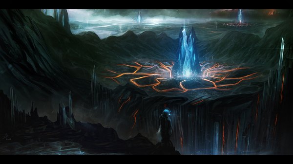 Anime picture 1500x844 with niltrace wide image signed glowing letterboxed rain mountain landscape glow river rock lava boy water crystal
