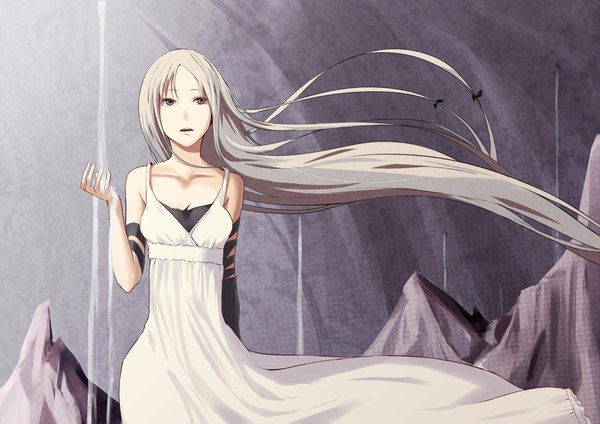 Anime picture 2047x1447 with original pixiv fantasia pixiv pixiv fantasia fallen kings rane (etsu) single highres breasts open mouth standing looking away very long hair wind grey hair grey eyes girl dress white dress