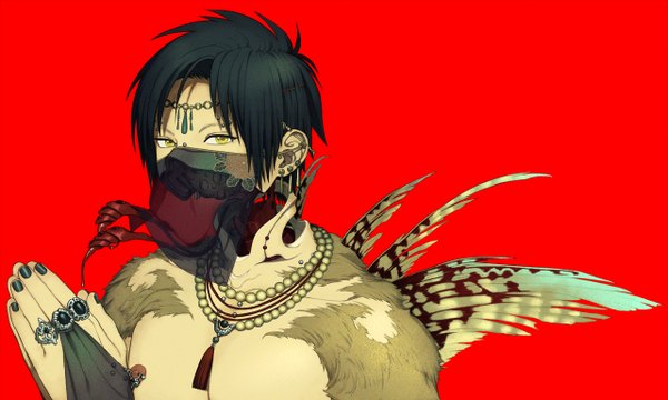 Anime picture 1280x768 with original honya lala short hair black hair simple background wide image yellow eyes nail polish piercing red background boy earrings wings jewelry ring mask monster