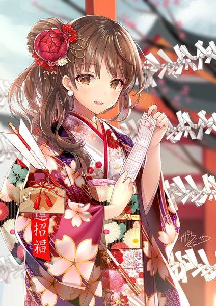 Anime picture 707x1000 with original kagachi saku single long hair tall image looking at viewer blush fringe open mouth smile brown hair holding brown eyes signed sky outdoors traditional clothes :d japanese clothes fingernails