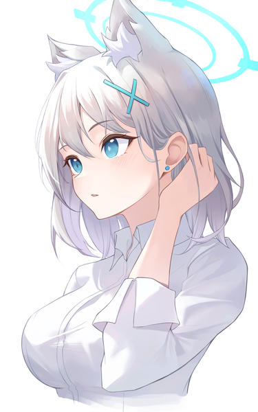 Anime picture 2500x4000 with blue archive shiroko (blue archive) toki (rumukio) single tall image fringe highres short hair blue eyes simple background hair between eyes white background animal ears looking away silver hair upper body extra ears girl earrings halo