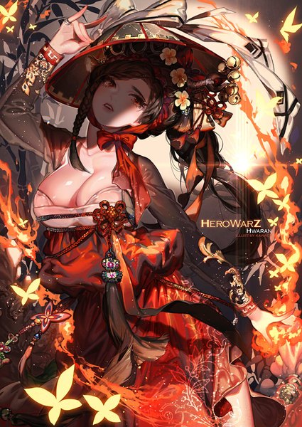 Anime picture 726x1024 with hero warz hwaran kawacy single long hair tall image breasts open mouth light erotic black hair large breasts signed looking away cleavage braid (braids) traditional clothes head tilt arm up hair flower lips