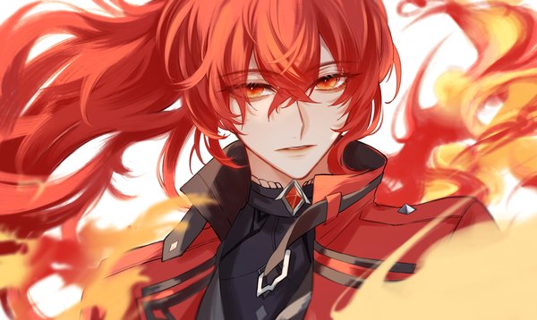 Anime picture 3000x1792 with genshin impact diluc ragnvindr diluc (red dead of night) (genshin impact) ssvgo single long hair fringe highres hair between eyes red eyes wide image looking away upper body ponytail red hair official alternate costume boy flame