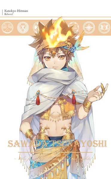 Anime picture 1047x1693 with katekyou hitman reborn sawada tsunayoshi ekita xuan single tall image looking at viewer fringe short hair hair between eyes brown hair traditional clothes bare belly orange eyes copyright name character names hand on hip boy cape jewelry tassel