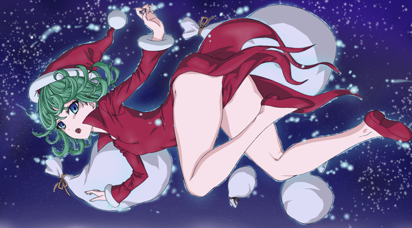 Anime picture 1400x775 with one-punch man madhouse tatsumaki okiyumi kase single short hair open mouth blue eyes light erotic wide image looking back green hair night night sky christmas falling girl dress hat red dress