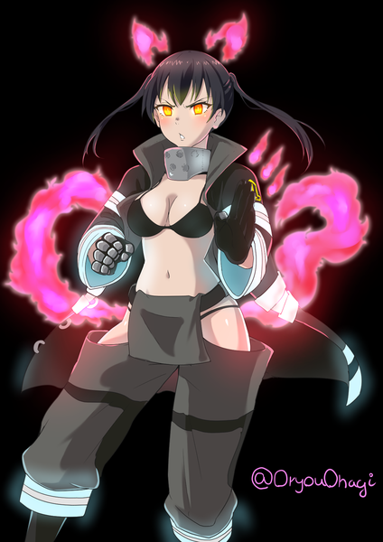 Anime picture 1190x1684 with en'en no shouboutai david production tamaki kotatsu oryouohagi single tall image blush fringe short hair open mouth light erotic simple background standing twintails signed yellow eyes cleavage open clothes bare belly twitter username