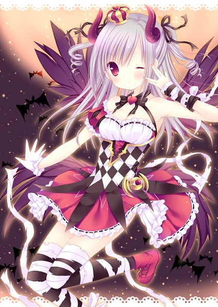 Anime picture 800x1130 with idolmaster idolmaster cinderella girls kanzaki ranko mizuse ruka single long hair tall image blush red eyes silver hair one eye closed horn (horns) wink loli two side up drill hair awakened devil lord girl dress wings
