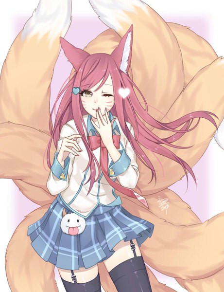 Anime picture 692x900 with league of legends ahri (league of legends) kore-mai long hair tall image animal ears yellow eyes red hair tail animal tail one eye closed wink zettai ryouiki fox ears facial mark fox tail multiple tails whisker markings girl thighhighs