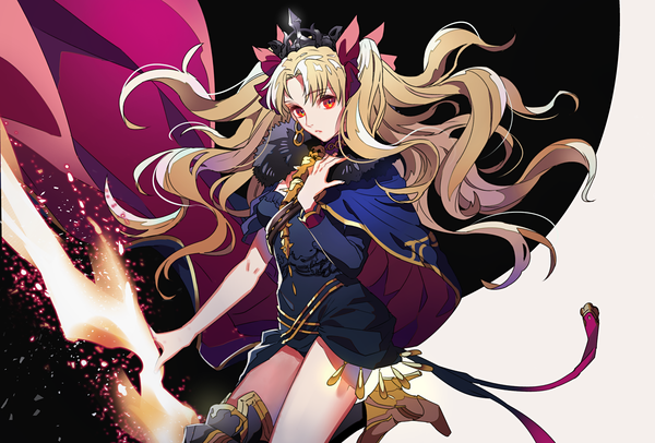 Anime picture 2069x1403 with fate (series) fate/grand order ereshkigal (fate) tenobe single long hair looking at viewer highres blonde hair red eyes two side up fur trim girl bow hair bow earrings fur cape tiara