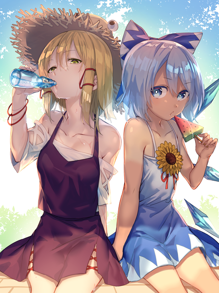 Anime picture 1508x2010 with touhou cirno moriya suwako tanned cirno uu uu zan tall image looking at viewer breasts blue eyes light erotic blonde hair sitting multiple girls green eyes blue hair sky sweat flat chest drinking girl