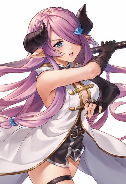Anime picture 1028x1500 with granblue fantasy narmaya (granblue fantasy) shiao single long hair tall image fringe open mouth blue eyes simple background white background looking away purple hair braid (braids) horn (horns) pointy ears hair over one eye sleeveless tress ribbon crown braid