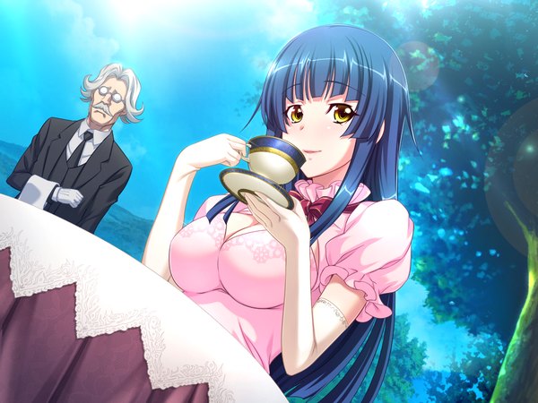 Anime picture 1024x768 with tsuboi-kun no switch! long hair yellow eyes blue hair game cg butler girl dress boy gloves elbow gloves cup teacup pink dress saucer