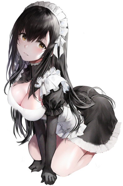 Anime-Bild 1322x2000 mit original iori (cpeilad) single long hair tall image looking at viewer blush fringe breasts light erotic black hair simple background large breasts white background sitting yellow eyes cleavage full body parted lips head tilt