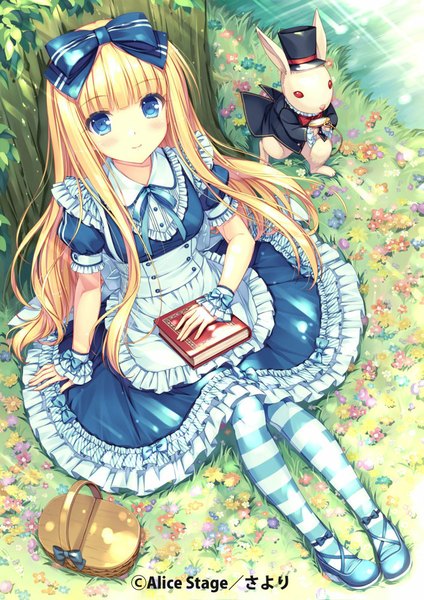 Anime picture 707x1000 with alice in wonderland alice (wonderland) sayori long hair tall image looking at viewer blush blue eyes blonde hair smile sitting girl flower (flowers) bow hair bow hat animal clock bunny pocket watch