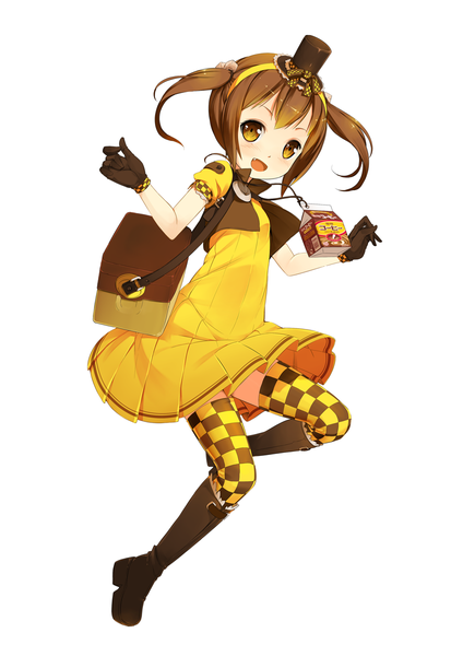 Anime picture 848x1200 with yukijirushi yukiko-tan blvefo9 single tall image blush short hair open mouth simple background brown hair white background twintails brown eyes loli short twintails checkered girl thighhighs dress gloves