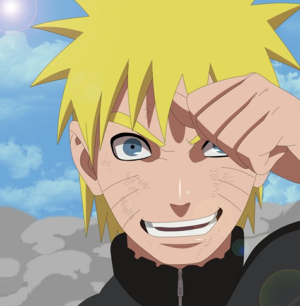 Anime picture 1000x1022 with naruto studio pierrot naruto (series) uzumaki naruto darkflamedragon single tall image short hair open mouth blue eyes blonde hair smile sky cloud (clouds) sunlight coloring facial mark portrait smoke face