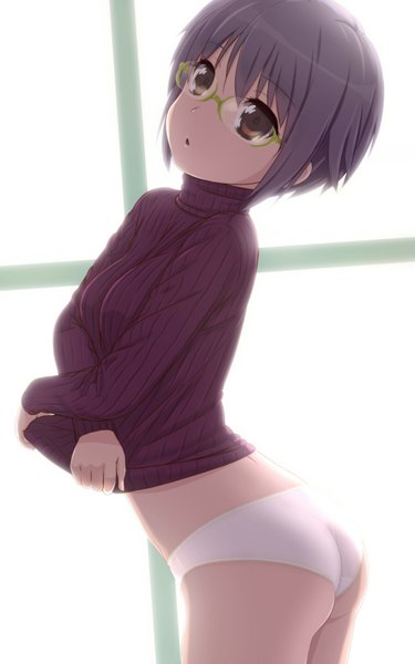 Anime picture 1000x1600 with suzumiya haruhi no yuutsu kyoto animation nagato yuki akahige single tall image short hair light erotic brown eyes purple hair looking back :o undressing girl underwear panties glasses window white panties sweater