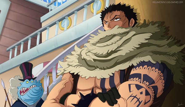 Anime picture 2000x1158 with one piece toei animation charlotte katakuri melonciutus highres short hair black hair wide image signed looking away upper body black eyes open clothes teeth tattoo fur trim coloring scar crossed arms muscle