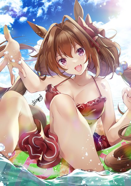 Anime picture 1059x1500 with umamusume daiwa scarlet (umamusume) daiwa scarlet (trifle vacation) (umamusume) akatsuki hijiri single long hair tall image looking at viewer blush fringe breasts open mouth light erotic smile hair between eyes brown hair large breasts sitting purple eyes twintails